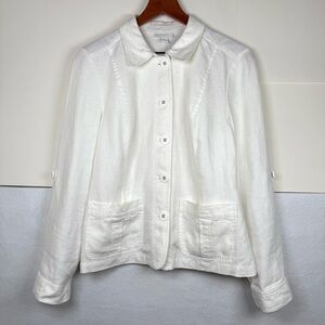 Charter Club White Linen Jacket Roll-Tab Sleeves Button Front Coastal Womens Med